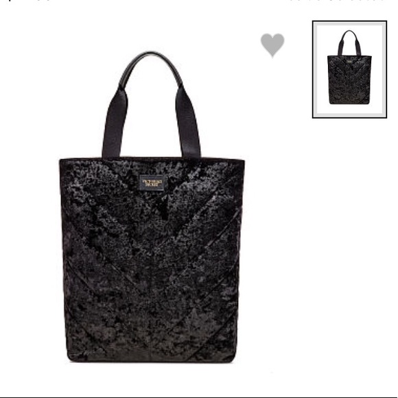 NWT(OS) Victoria’s Secret Crushed Velvet Tote Bag Chevron Quilted Black Velour - Picture 2 of 7